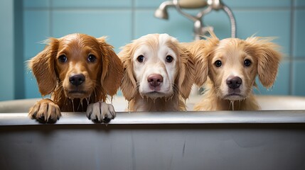 A dogs sitting in the bathtub