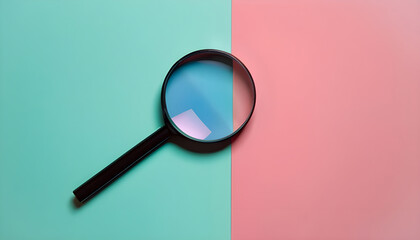 Magnifying glass on double color background - obrazy, fototapety, plakaty