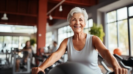 Fototapeta na wymiar An elderly woman at the gym