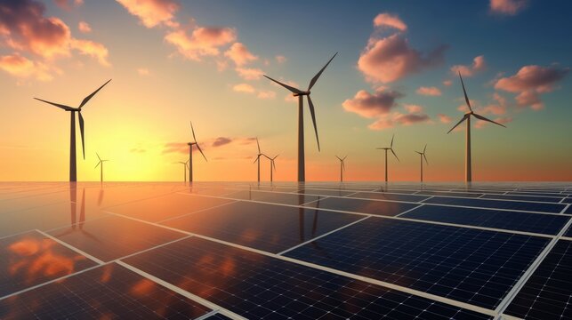 clean energy concept, photovoltaic panels and wind turbines in the light of the rising sun, Generative AI
