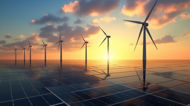 clean energy concept, photovoltaic panels and wind turbines in the light of the rising sun, Generative AI