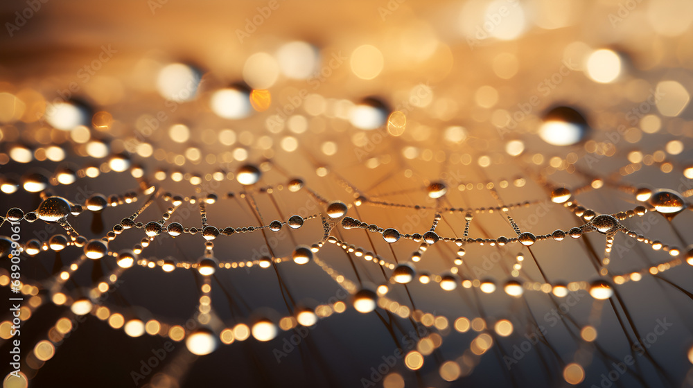 Wall mural sun shining through the net of web , water drops on net , net with water drops on it