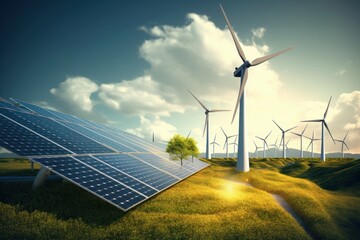 renewable energy background with green energy as wind turbines and solar panels, Generative AI