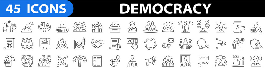 Democracy 45 icon set outline icons related. For website marketing design. Politics, president, voting, people, voter, voter, prime minister, gavel, legislative, election and more. Vector illustration