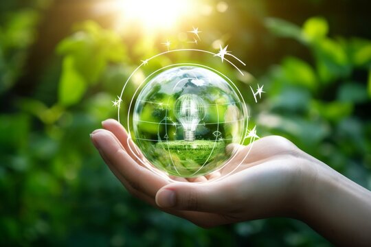 Hand holding light bulb against nature on green leaves with icons energy sources for renewable, sustainable development. Ecology concept. Elements of this image furnished by, Generative AI