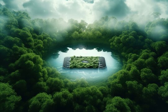 Concept depicting new possibilities for the development of ecological battery technologies and green energy storage in the form of a battery-shaped pond located in a lush forest. Generative AI