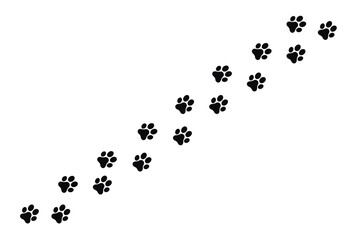 Dog walk foot print. Foot trail print of Dog. Black cat Paw Prints. Paw print of Cat isolated on transparent background.Black Paw print foot trail of animal on transparent background.