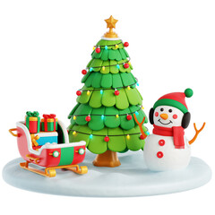 Snowman with Sledge and Christmas Tree 3D Illustration
