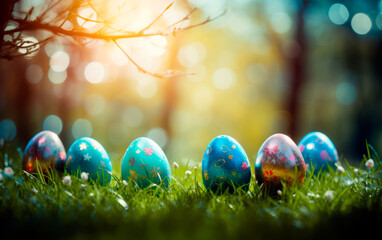 Fototapeta na wymiar Colorful easter eggs in a flowerfield and sun rays. Beautiful decorated easter eggs photo with empty space for text.