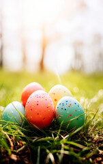 Colorful easter eggs in a flowerfield and sun rays. Beautiful decorated easter eggs photo with empty space for text.