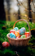 Colorful easter eggs in a basket over a flowerfield and sun rays. Beautiful decorated easter eggs photo with empty space for text.