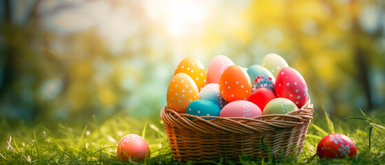 Colorful easter eggs in a basket over a flowerfield and sun rays. Beautiful decorated easter eggs photo with empty space for text.