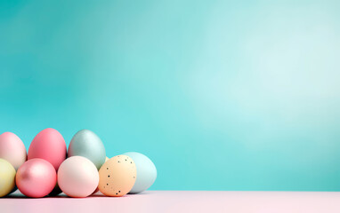 Row of colorful easter eggs over light blue background with space for text. Set of easter eggs photo for poster, card o greetings.