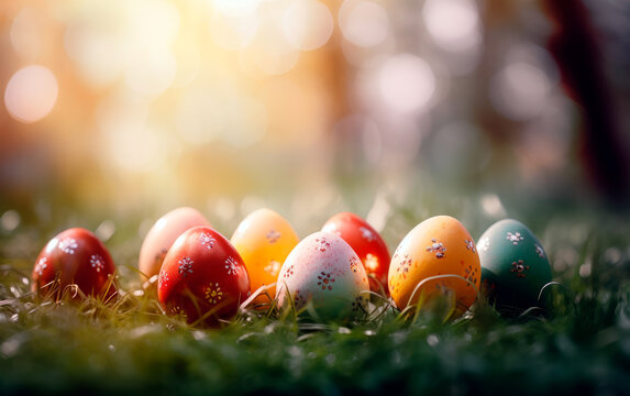 Colorful easter eggs in a flowerfield and sun rays. Beautiful decorated easter eggs photo with empty space for text.