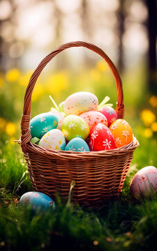 Colorful easter eggs in a basket over a flowerfield and sun rays. Beautiful decorated easter eggs photo with empty space for text.