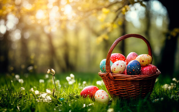 Colorful easter eggs in a basket over a flowerfield and sun rays. Beautiful decorated easter eggs photo with empty space for text.