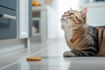 Close up of a cute cat looking for snacks in the white modern kitchen, a fun snack time for...