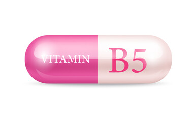 Capsule vitamin B5 structure Pink and white. transparent capsule pill. Drug business concept. 3D Vitamin complex with chemical formula. Personal care, beauty concept. Vector Illustration.