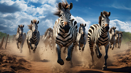 a herd of zebras running in a dirt field