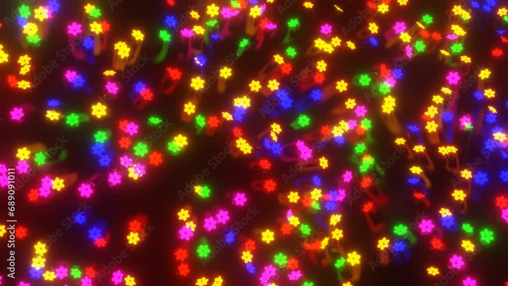 Poster stylized clearing with moving flowers glowing in different colors. abstract looping animated backgro