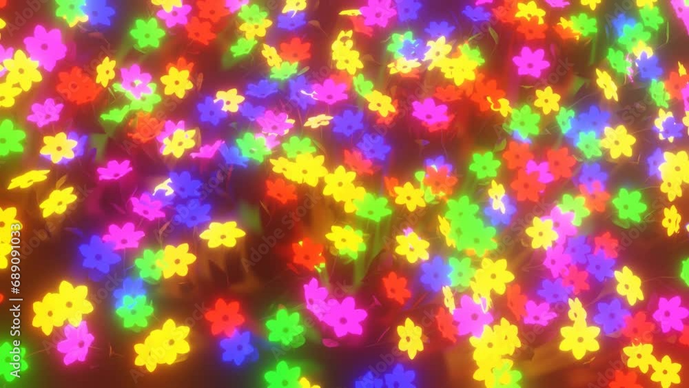 Poster stylized clearing with moving flowers glowing in different colors. abstract looping animated backgro