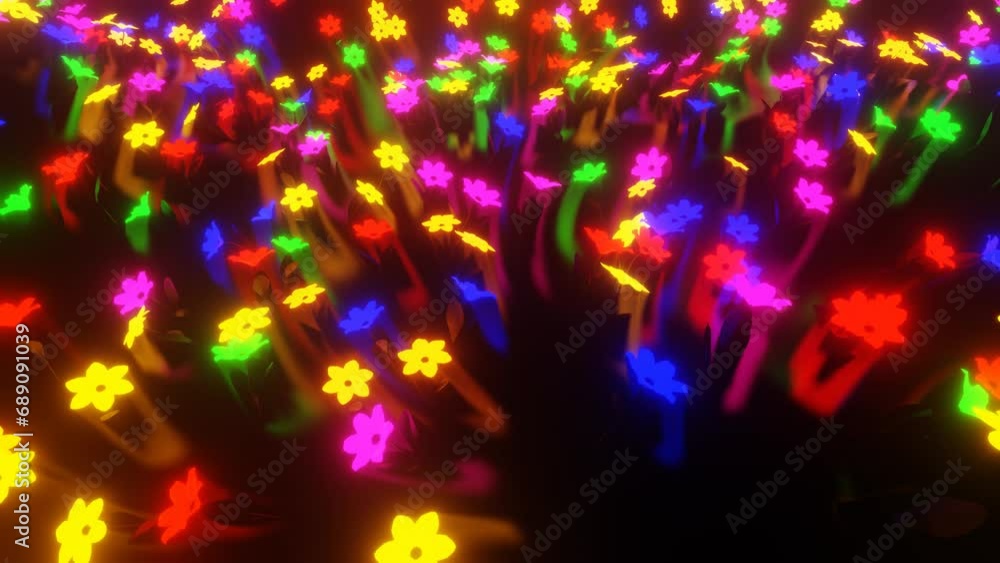 Poster stylized clearing with moving flowers glowing in different colors. abstract looping animated backgro