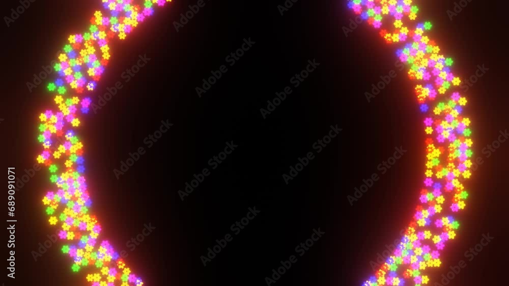 Aufkleber a frame with flowers glowing in different colors rotates on a black background. abstract looping ani