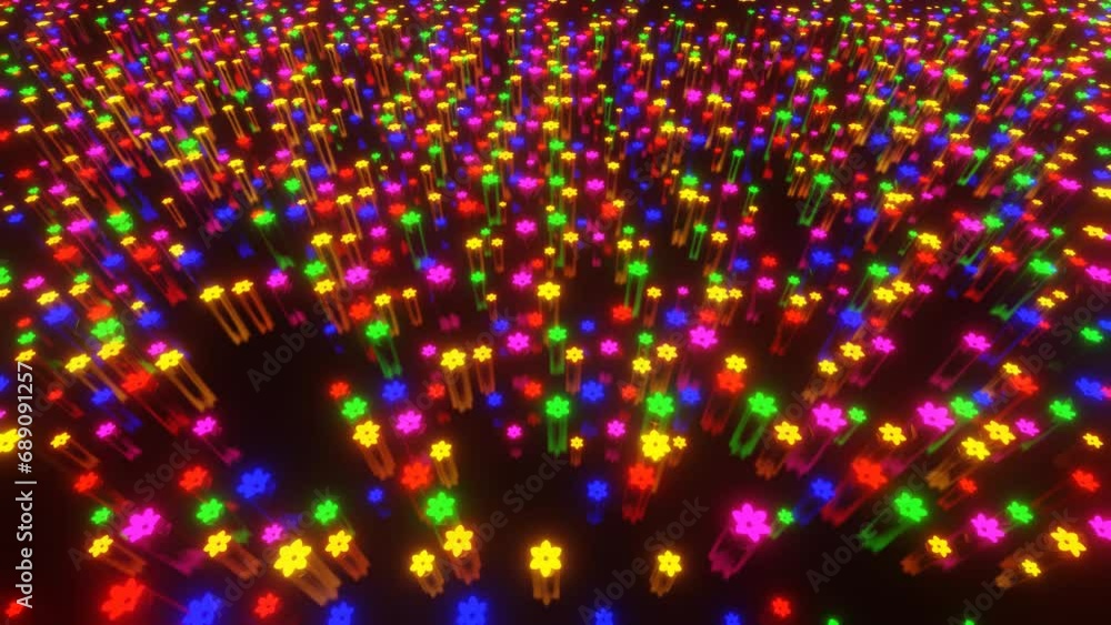 Poster camera movement over a stylized clearing with moving flowers glowing in different colors. abstract l
