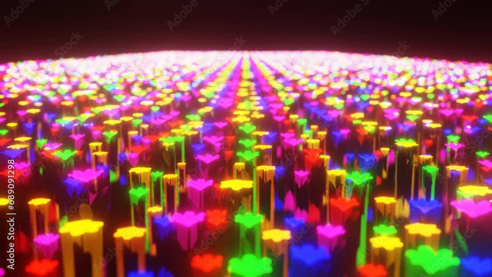 Poster camera movement over a stylized clearing with moving flowers glowing in different colors. abstract l