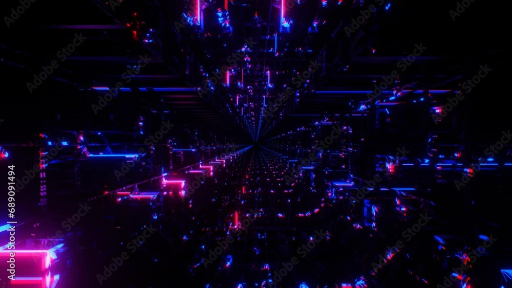 Poster an endless tunnel flashing red and blue light. abstract looping animated background. 3d render