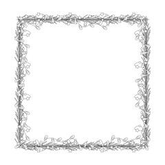 Christmas frame, garland with light bulbs, tree branch.