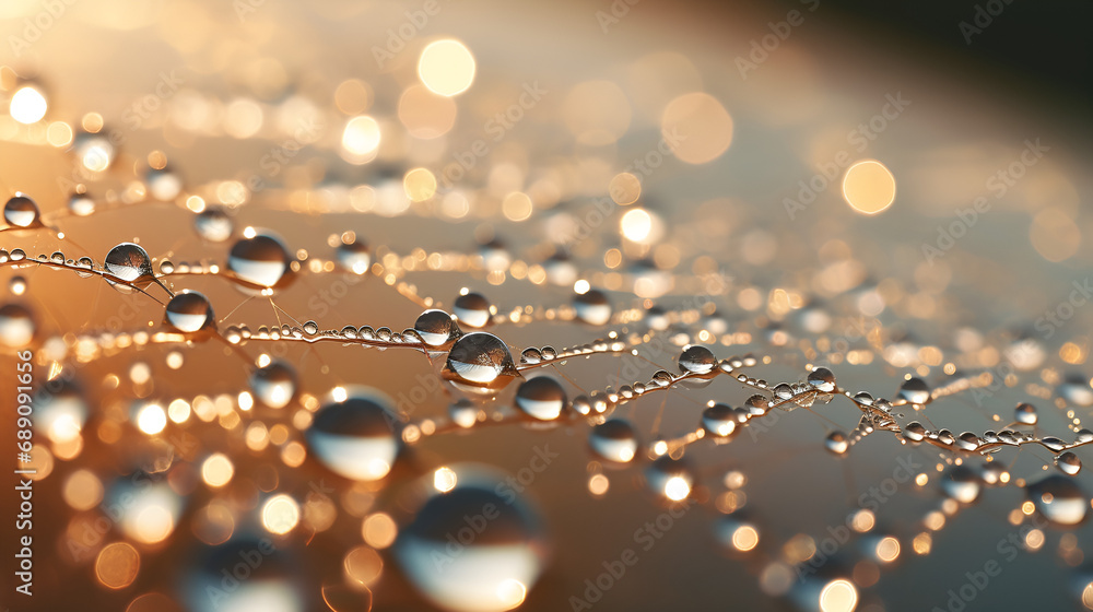Wall mural water drops on glass, water drops on net of web , web net with due drops 