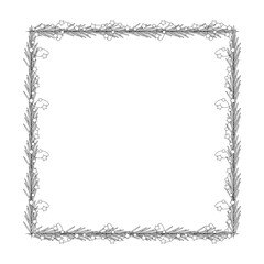 Christmas frame, garland with light bulbs, tree branch.