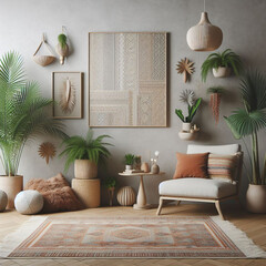 inspiration for a boho themed living room, AI generated.