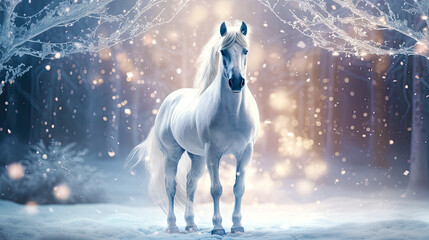 White horse standing in winter forest landscape. Postproducted generative AI illustration.