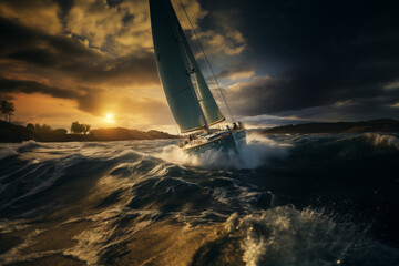A blue yacht passes along the shore at a sailing regatta in the rays of the setting sun. - obrazy, fototapety, plakaty