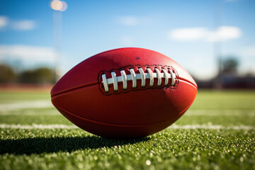 American football ball on a grass field.
