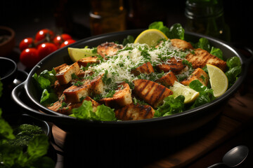 A delicious chicken caesar salad with parmesan cheese, dressing and croutons - obrazy, fototapety, plakaty