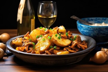 mushrooms with potatoes in the middle of the dark background there are fried potatoes 