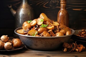 mushrooms with potatoes in the middle of the dark background there are fried potatoes 