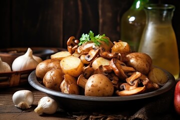 mushrooms with potatoes in the middle of the dark background there are fried potatoes 