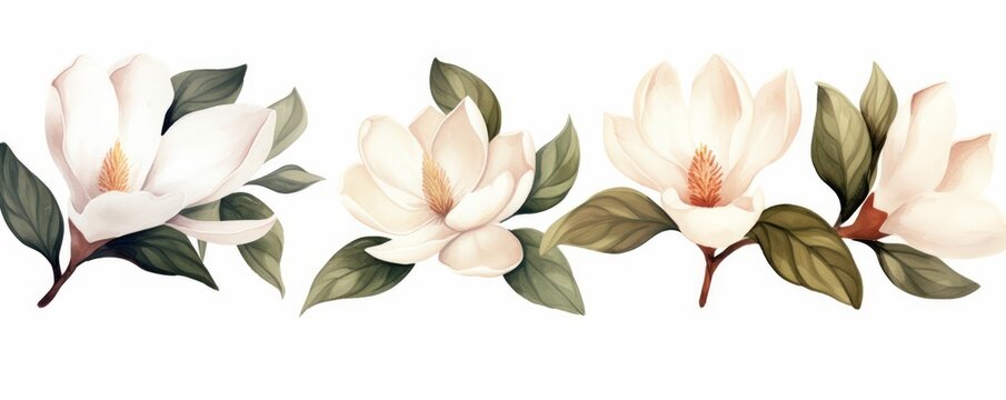 watercolor white magnolia flower and leaf bouquet clipart collection isolated on white background, Generative AI