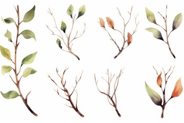 Set of watercolor tree branches without leaves. Hand drawn bare snags isolated on white background. Watercolor  illustration, Generative AI - obrazy, fototapety, plakaty