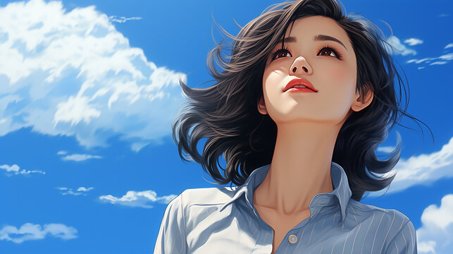 青空を見つめる日本の女性