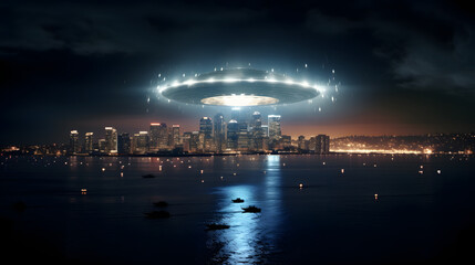 Fototapeta premium UFO in the night sky over the city