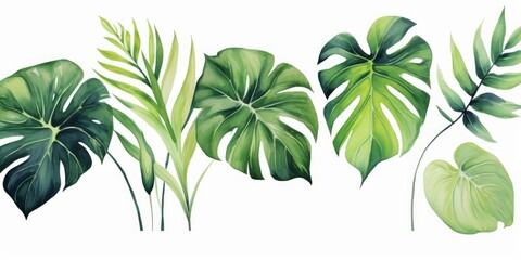 Exotic plants, palm leaves, monstera on an isolated white background, watercolor illustration, Generative AI - obrazy, fototapety, plakaty
