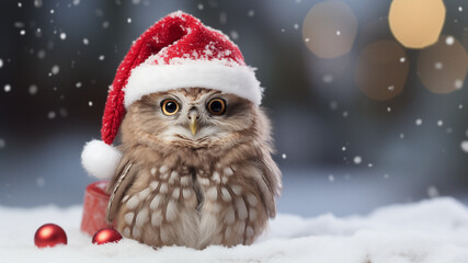 Cute Owl in Santa Hat with Christmas Tree Background
