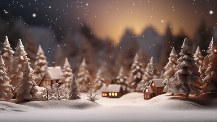 Fototapeta na wymiar Snowy Winter Scene with Gingerbread Houses and Trees