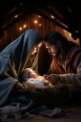 a photo of a nativity scene with Maria and Jozef and baby Jesus - obrazy, fototapety, plakaty
