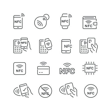 Vector line set of icons related with nfc. Contains monochrome icons like credit card, smartphone, pos, contactless, cashless and more. Simple outline sign.